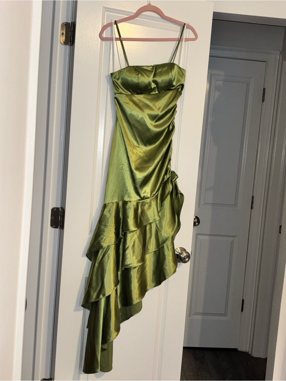 Blondie Nites Olive Green Satin Ruffle Asymmetric Prom Dress